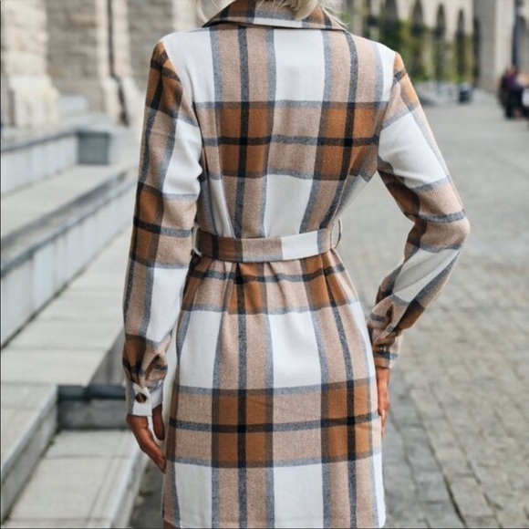 Boho khaki tan plaid button up long sleeve mini dress - Picture 6 of 6